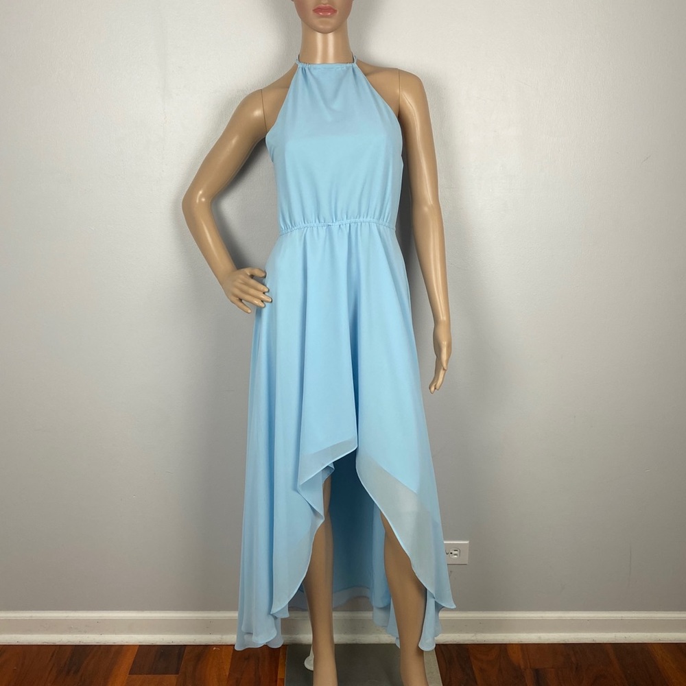 HAUTE HIPPIE BLUE HALTER HIGH-LOW MAXI DRESS - Picture 2 of 9